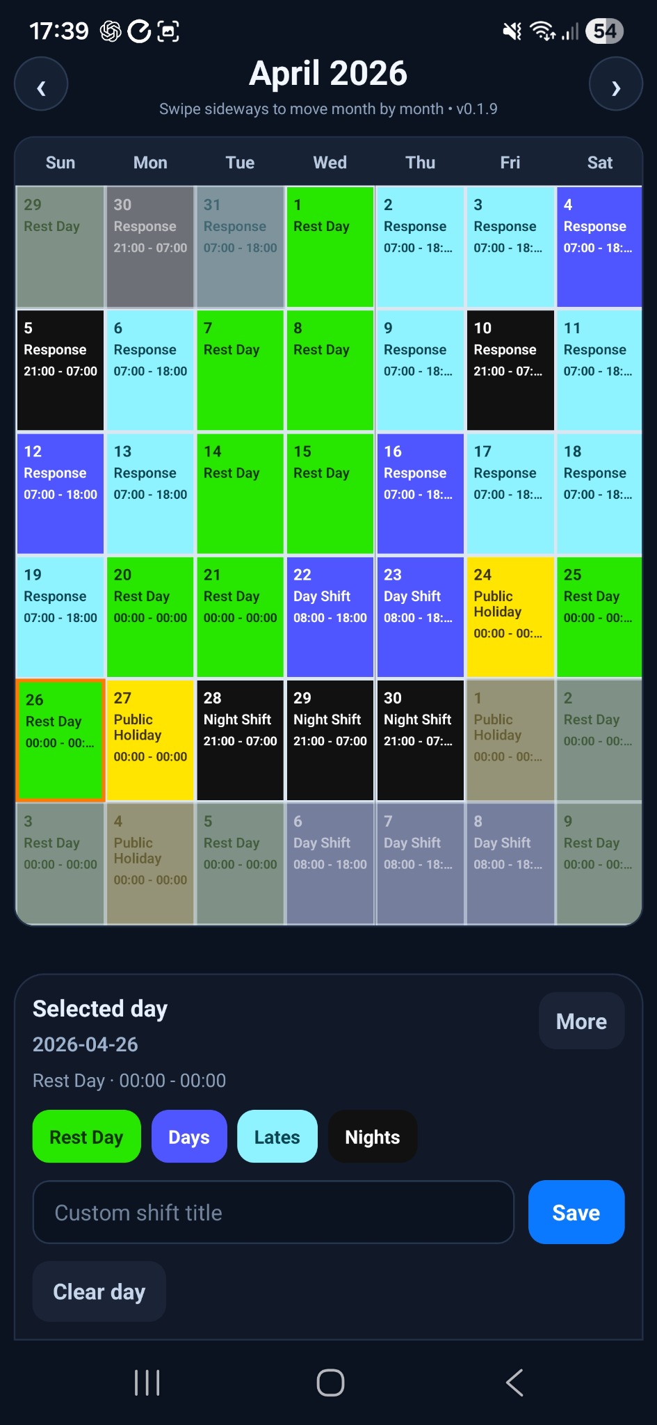 ShiftVault calendar screen