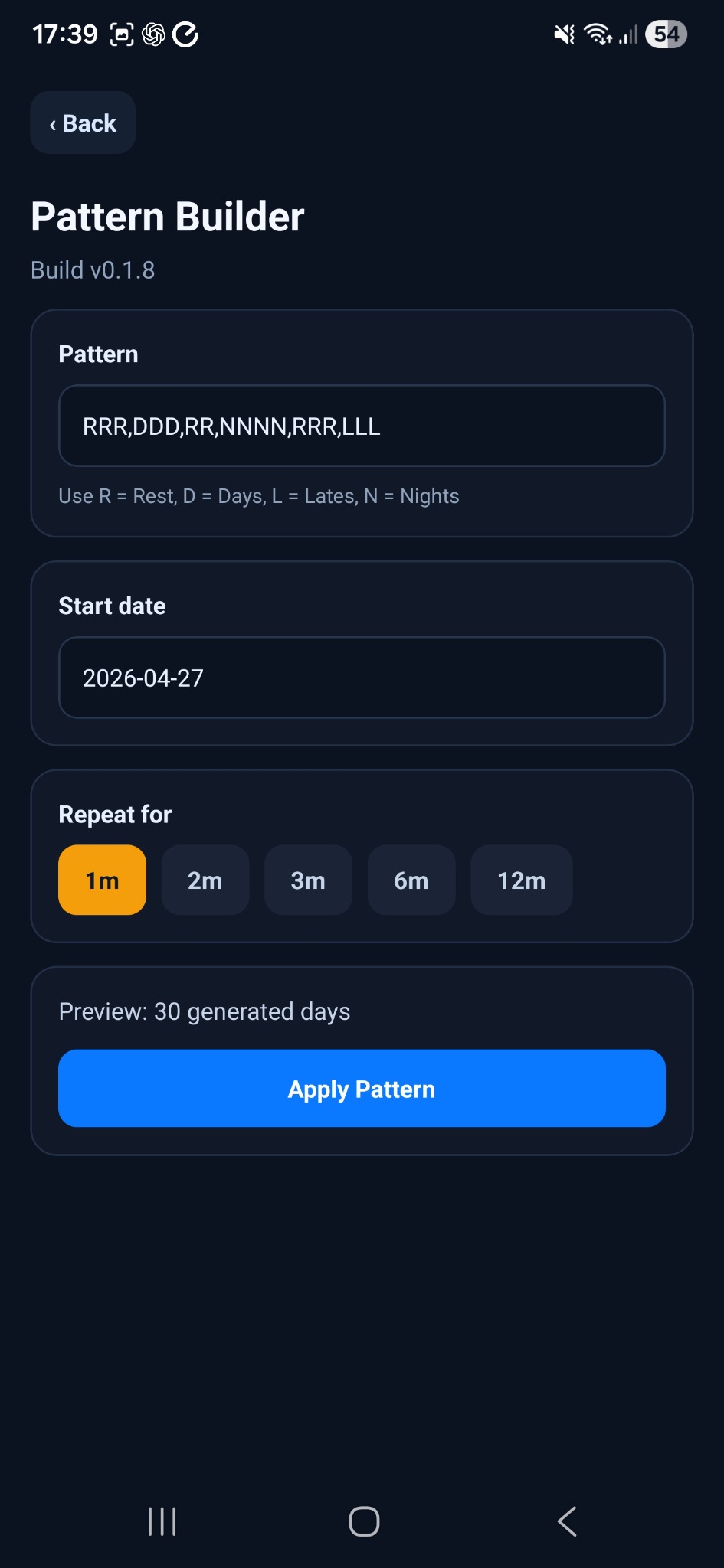 ShiftVault pattern builder screen