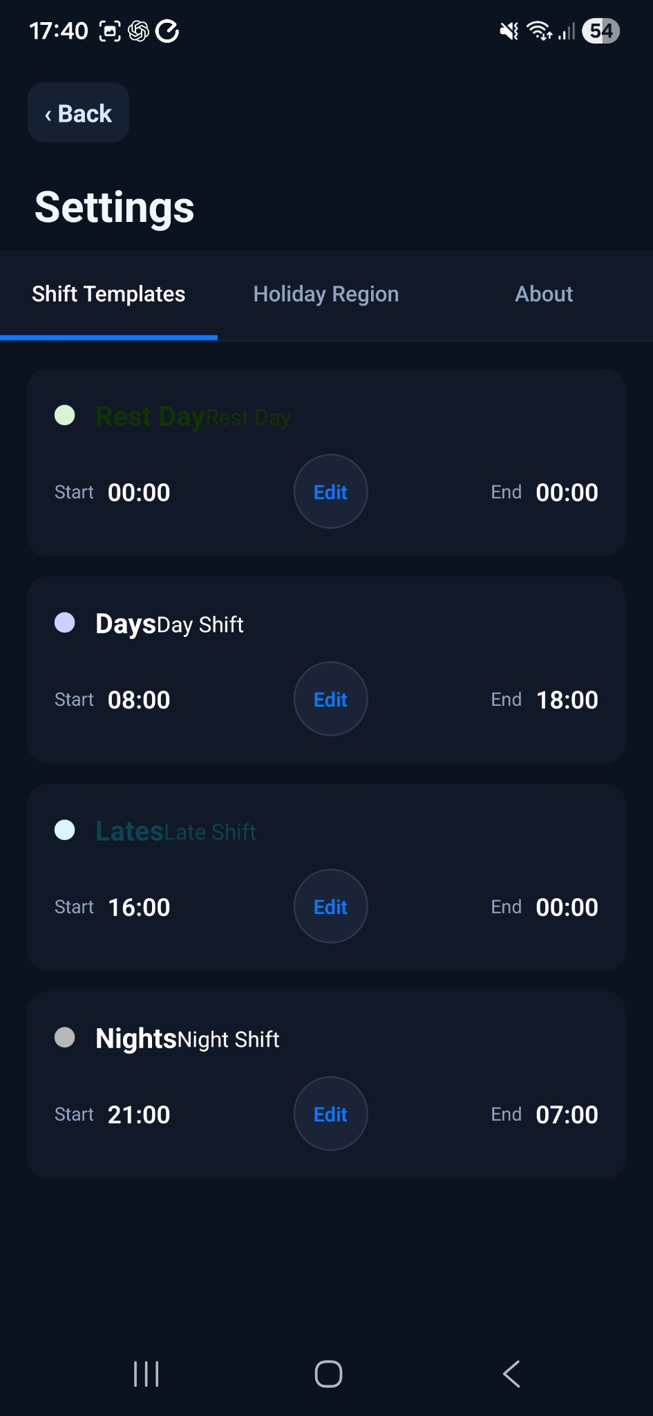 ShiftVault settings screen